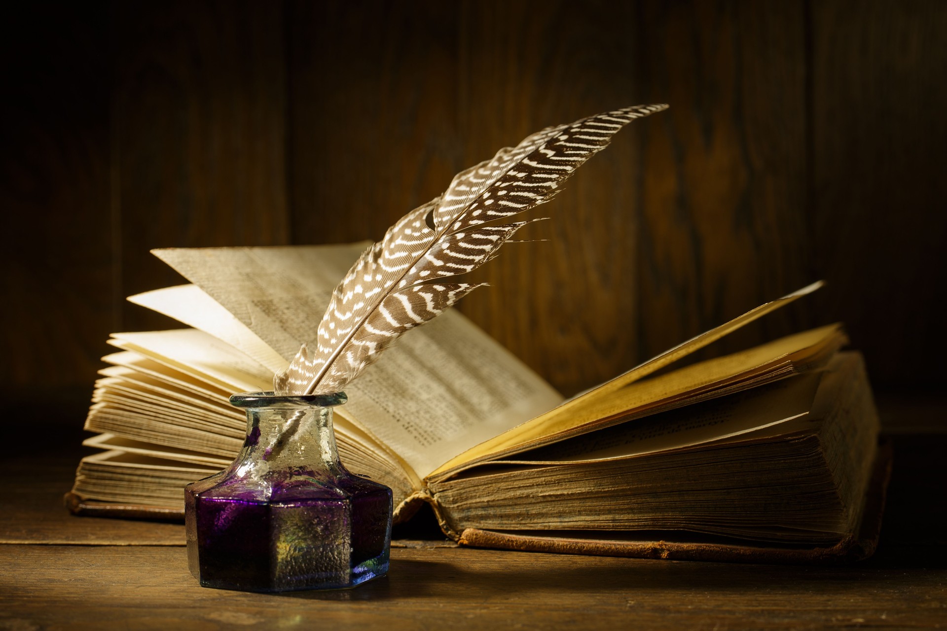 Open antique book with quill pen and ink bottle. Feather for calligraphy, old education, vintage still life.