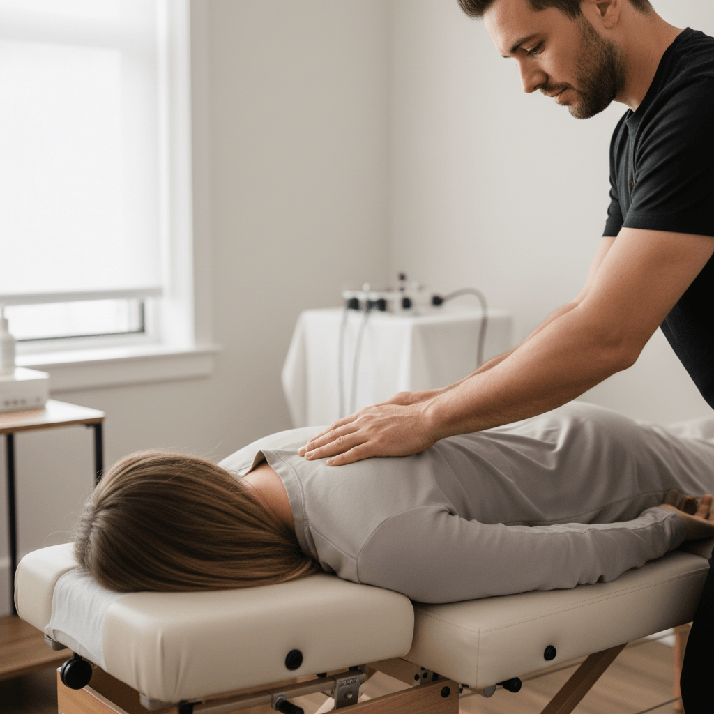 Chiropractor performing spinal adjustment on patient's upper back with skilled hands in clinical treatment room Chiropractor performing spinal adjustment on patient's upper back with skilled hands in clinical treatment room